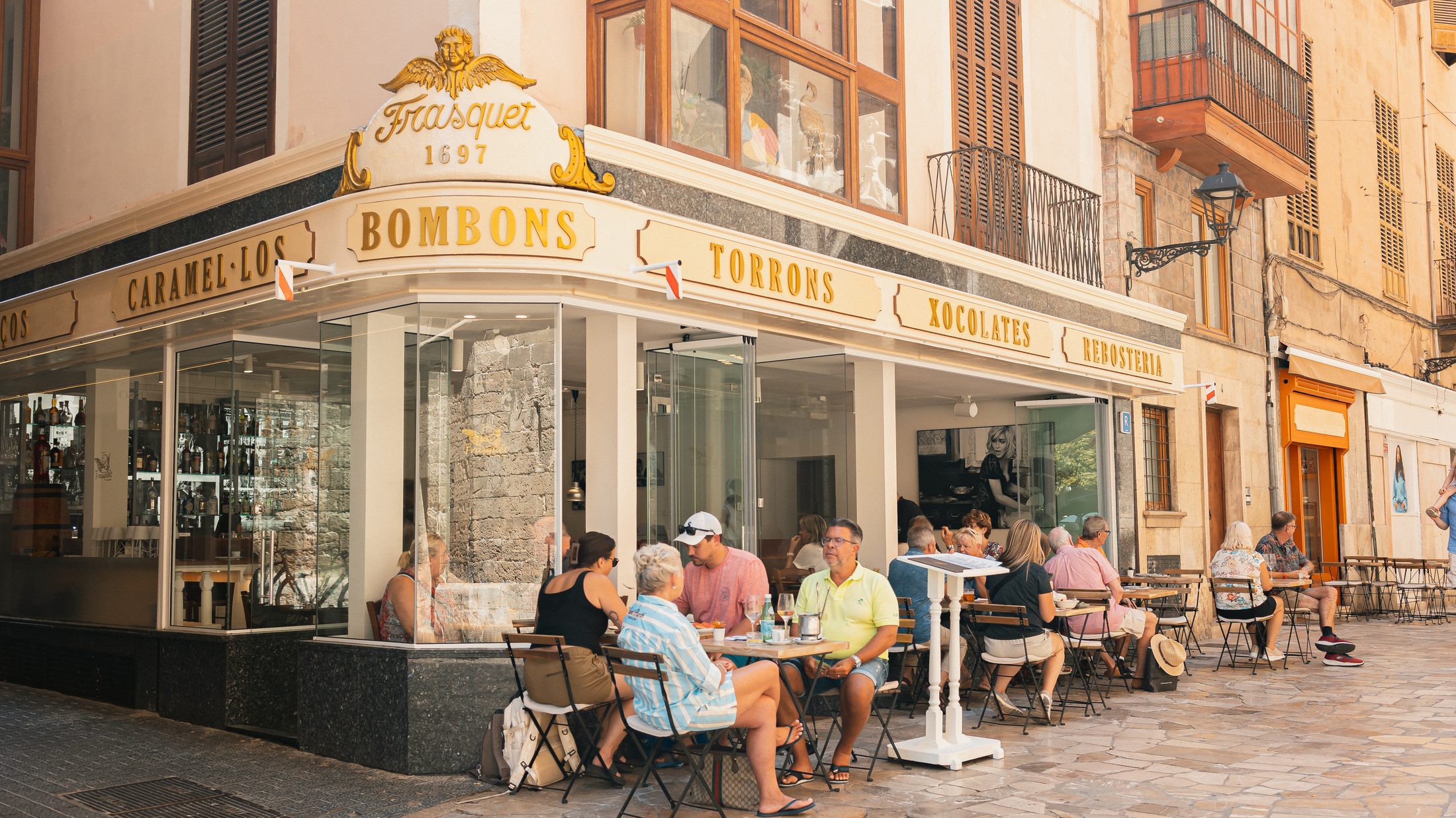 Terrace and historic façade of Can Frasquet on Carrer d'Orfila, centre of Palma